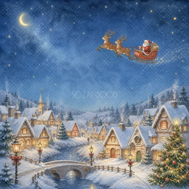 街の上を飛ぶサンタのそりを描いた水彩絵本タッチのクリスマス背景
