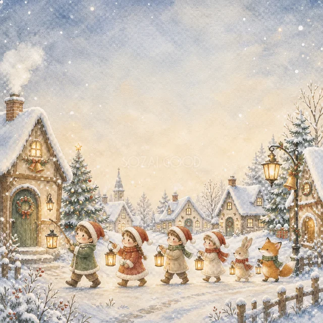 雪の街のクリスマスパレードを描いた水彩絵本タッチのクリスマス背景