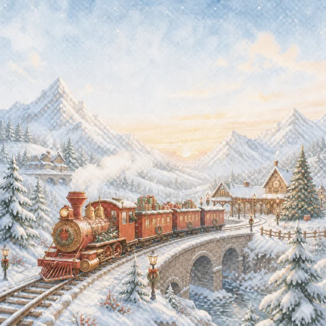雪山を走る赤い列車を描いた水彩絵本タッチのクリスマス背景