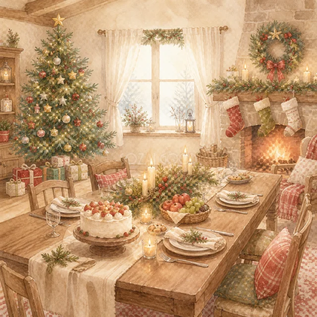 クリスマスディナーの食卓を描いた水彩絵本タッチのクリスマス背景