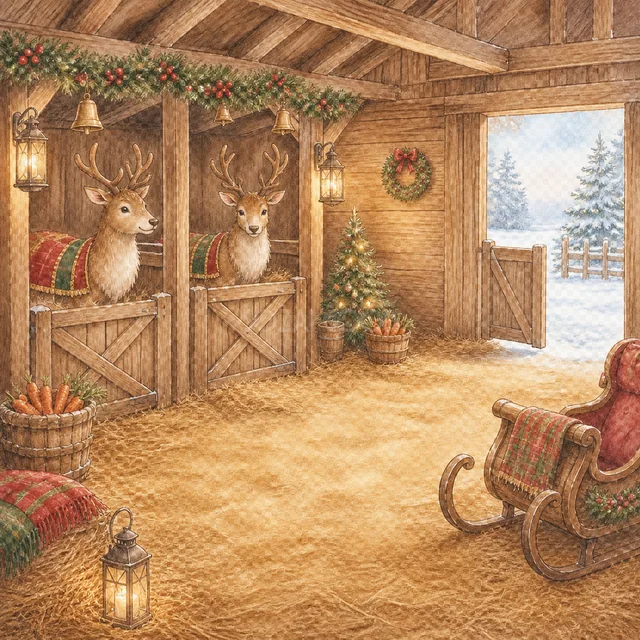 雪の厩舎とトナカイを描いた水彩絵本タッチのクリスマス背景