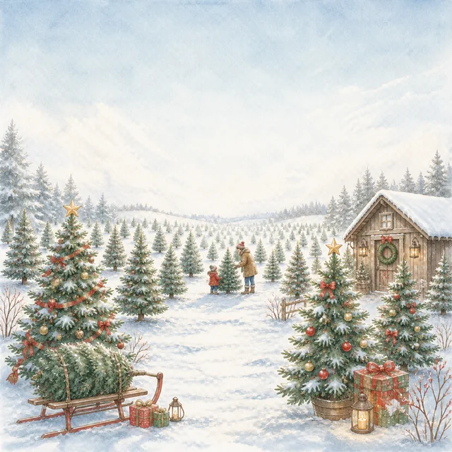 雪の森の小屋とそりを描いた水彩絵本タッチのクリスマス背景