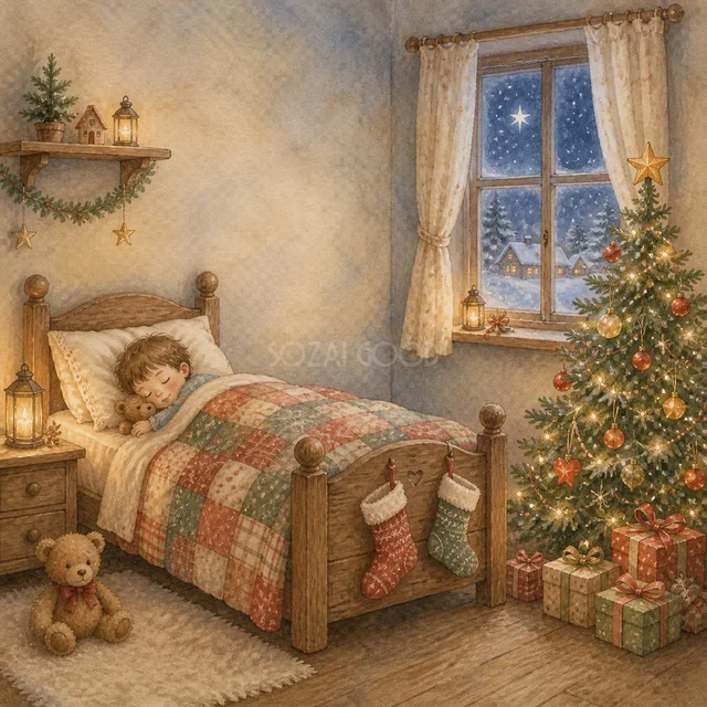 ツリーのそばで眠る子どもを描いた水彩絵本タッチのクリスマス背景