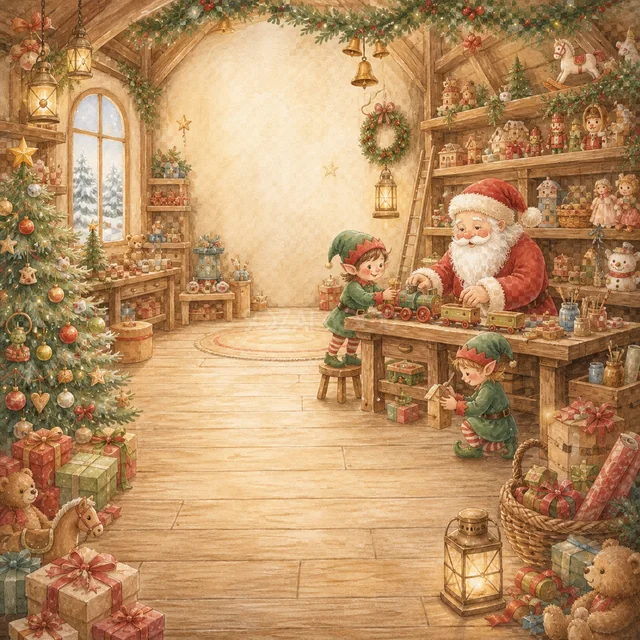 サンタの工房の室内を描いた水彩絵本タッチのクリスマス背景