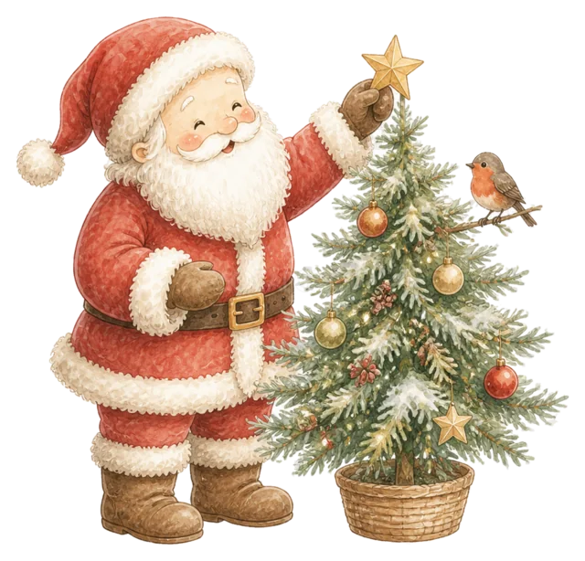 クリスマスツリーを飾るサンタを描いた水彩絵本タッチのサンタクロースイラスト