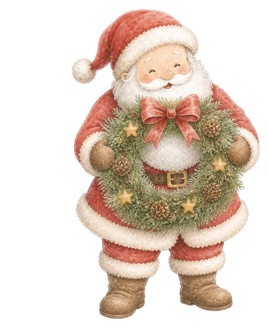 クリスマスリースを持つサンタを描いた水彩絵本タッチのサンタクロースイラスト