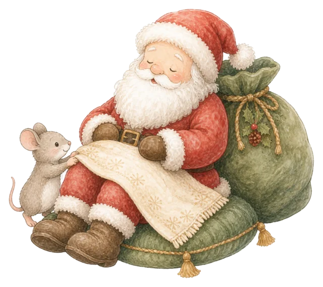 ネズミとリストを読むサンタを描いた水彩絵本タッチのサンタクロースイラスト