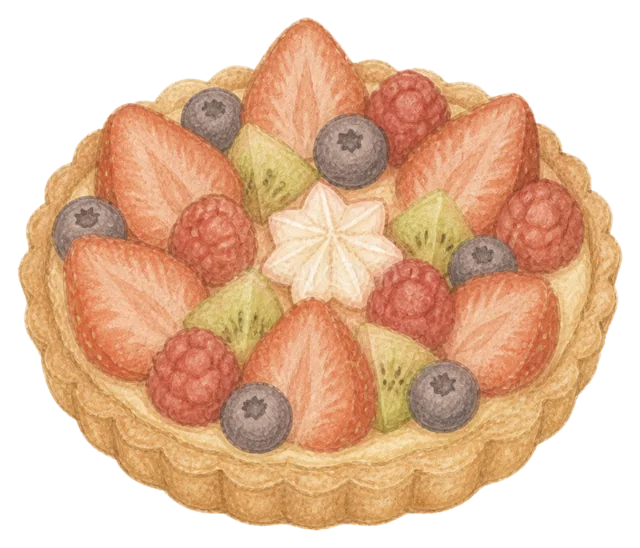 赤い実のフルーツタルトを描いた水彩絵本タッチのクリスマスお菓子イラスト