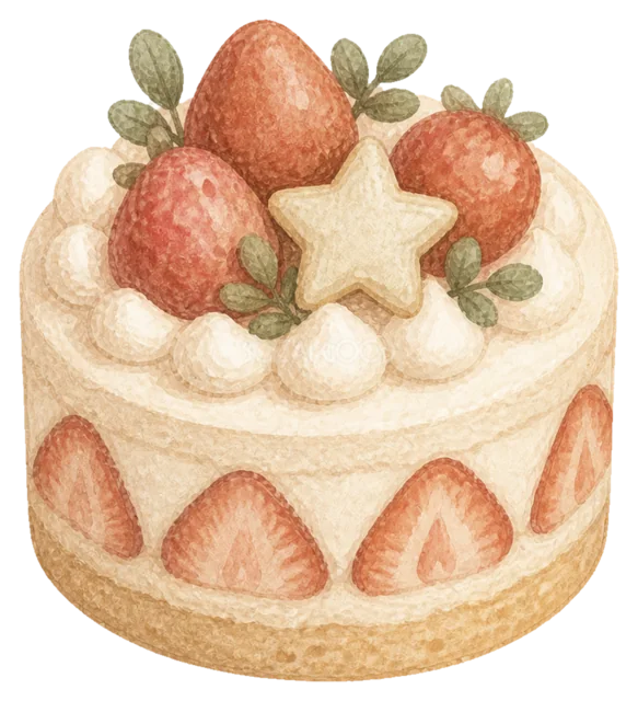 いちごのクリスマスケーキを描いた水彩絵本タッチのクリスマスお菓子イラスト