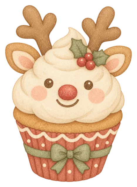 トナカイのカップケーキを描いた水彩絵本タッチのクリスマスお菓子イラスト