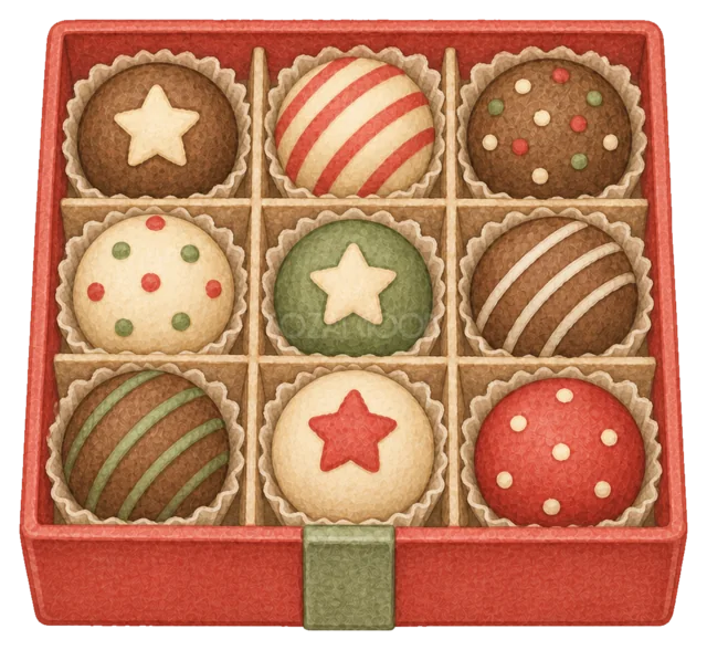 リボン付きチョコレートボックスを描いた水彩絵本タッチのクリスマスお菓子イラスト