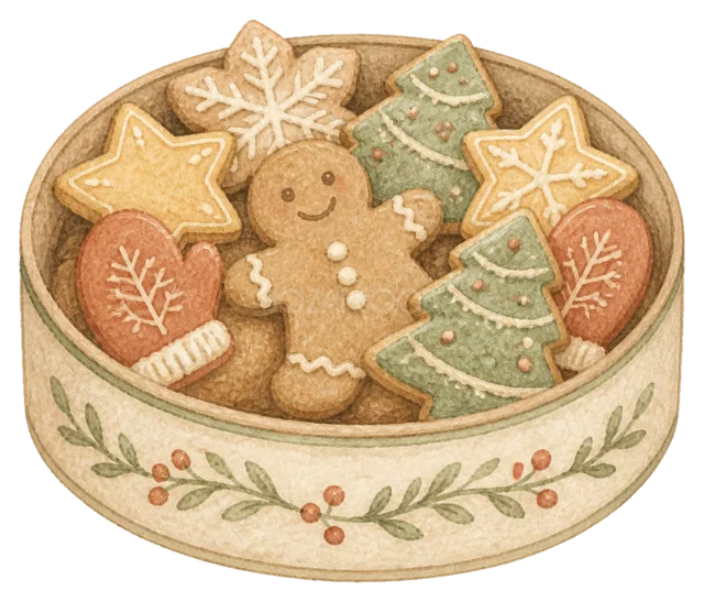 クリスマスクッキー缶を描いた水彩絵本タッチのクリスマスお菓子イラスト