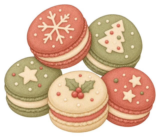 パステルカラーのマカロンを描いた水彩絵本タッチのクリスマスお菓子イラスト