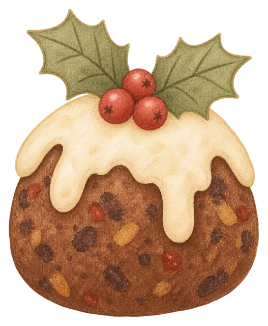 伝統的なクリスマスプディングを描いた水彩絵本タッチのクリスマスお菓子イラスト