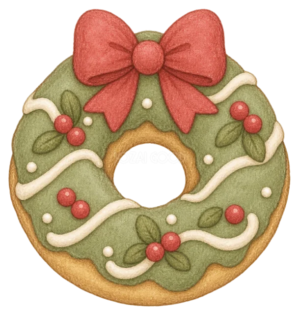 リース形のクリスマスドーナツを描いた水彩絵本タッチのクリスマスお菓子イラスト