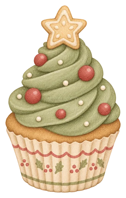 ツリー形カップケーキを描いた水彩絵本タッチのクリスマスお菓子イラスト