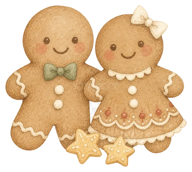 ジンジャーブレッドの二人組を描いた水彩絵本タッチのクリスマスお菓子イラスト