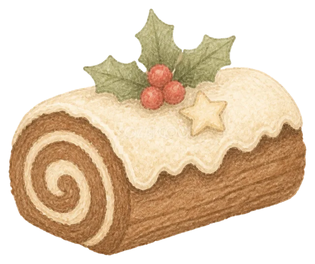チョコレートのブッシュドノエルを描いた水彩絵本タッチのクリスマスお菓子イラスト