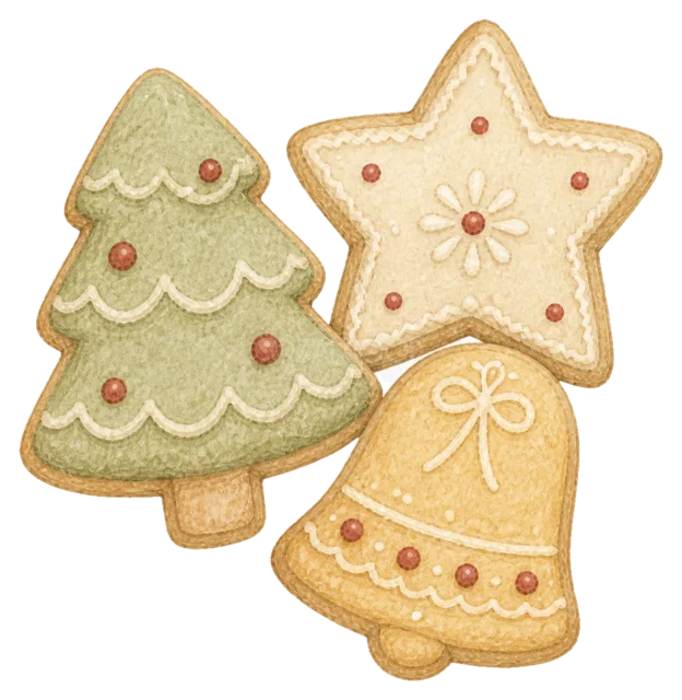 アイシングクッキーの詰め合わせを描いた水彩絵本タッチのクリスマスお菓子イラスト