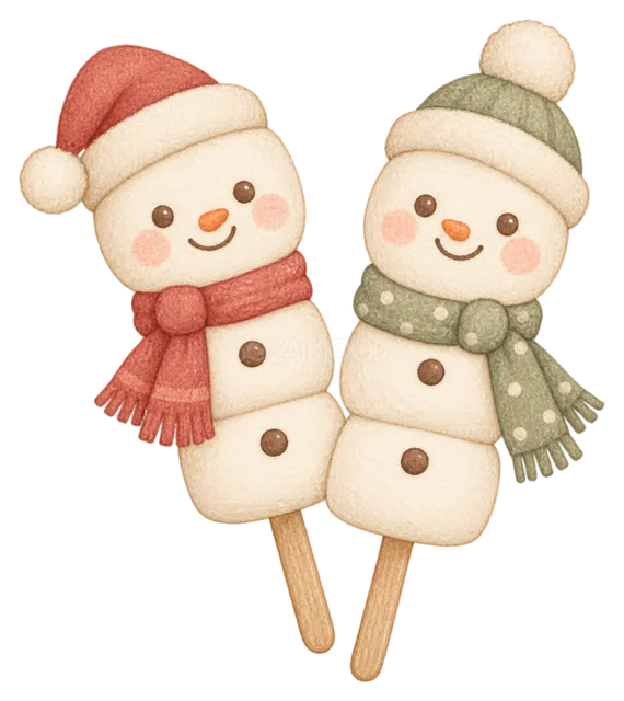 雪だるまのマシュマロポップを描いた水彩絵本タッチのクリスマスお菓子イラスト
