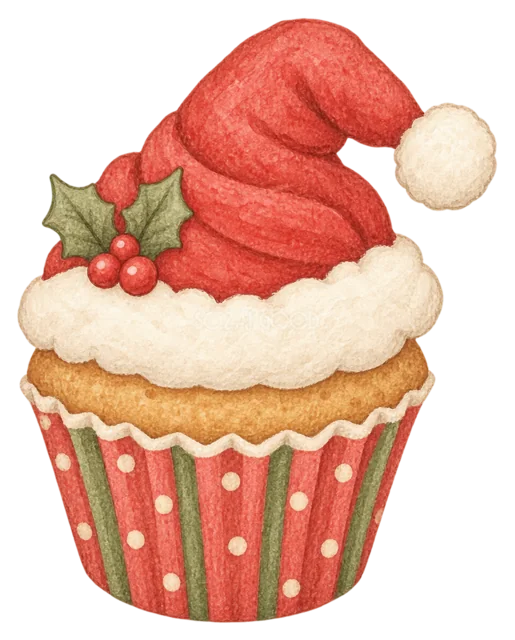 サンタ帽のカップケーキを描いた水彩絵本タッチのクリスマスお菓子イラスト