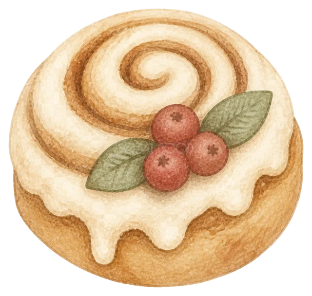 アイシングのシナモンロールを描いた水彩絵本タッチのクリスマスお菓子イラスト