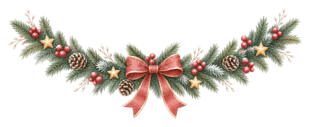 赤いリボンのもみの枝ガーランドを描いた水彩クリスマス小物イラスト