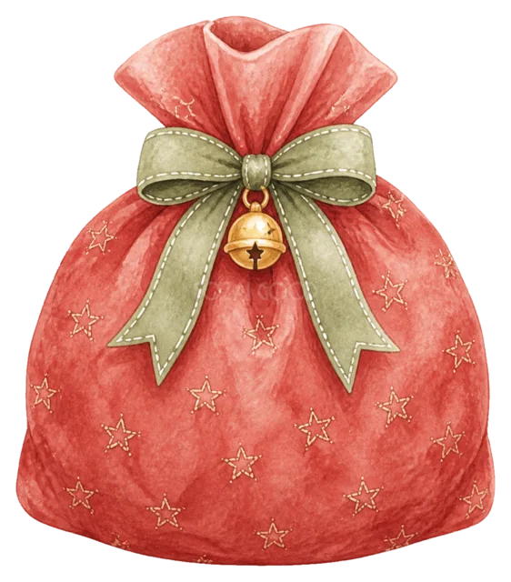 贈り物を詰めた赤い袋を描いた水彩クリスマス小物イラスト
