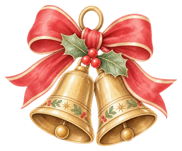 赤いリボンのベルを描いた水彩クリスマス小物イラスト