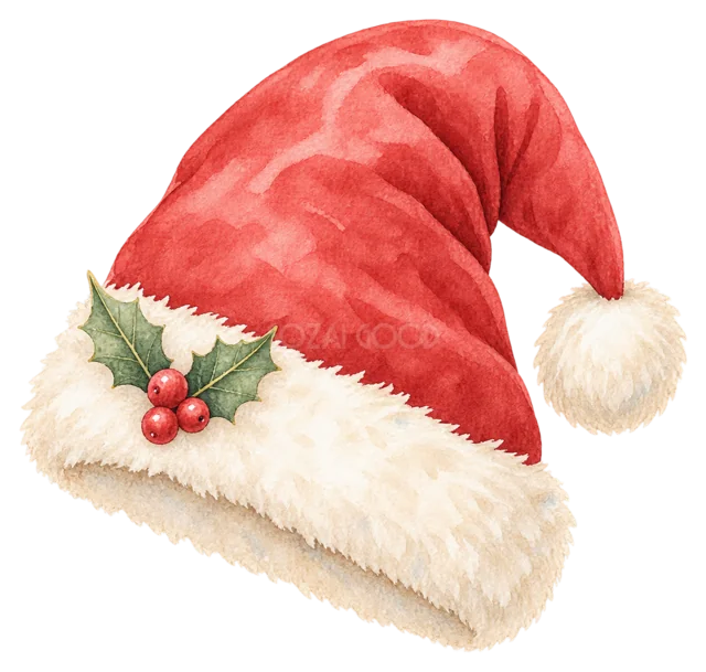 サンタクロースの帽子を描いた水彩クリスマス小物イラスト