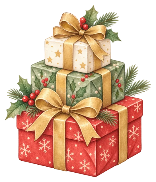 重ねたプレゼント箱を描いた水彩クリスマス小物イラスト
