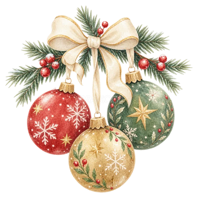 赤と金のオーナメントを描いた水彩クリスマス小物イラスト