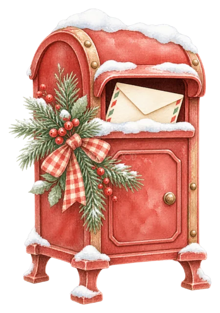 サンタへの赤い郵便受けを描いた水彩クリスマス小物イラスト