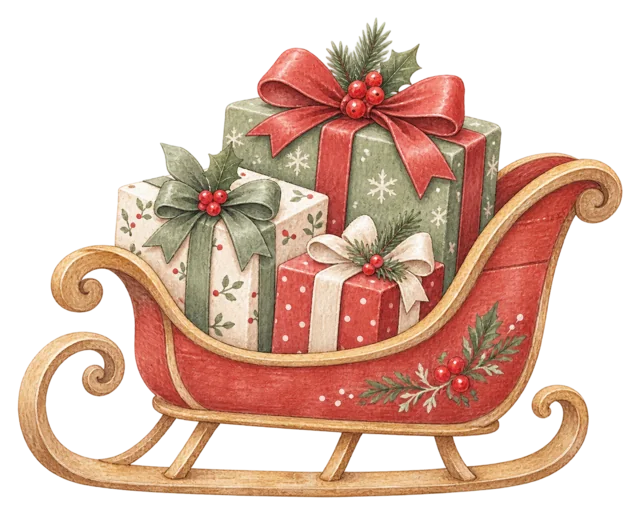 プレゼントを積んだそりを描いた水彩クリスマス小物イラスト