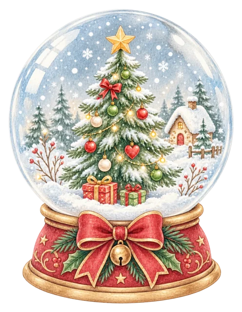 ツリーのスノードームを描いた水彩クリスマス小物イラスト