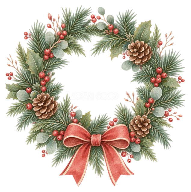 赤いリボンのクリスマスリースを描いた水彩クリスマス小物イラスト