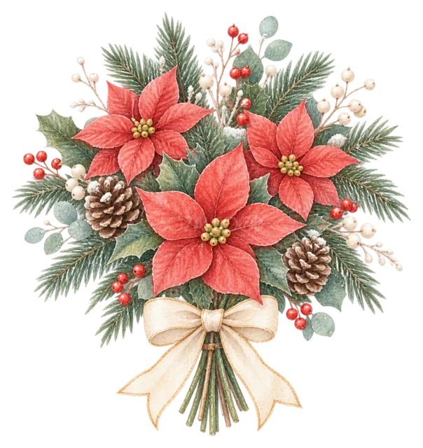赤いポインセチアの花束を描いた水彩クリスマス小物イラスト