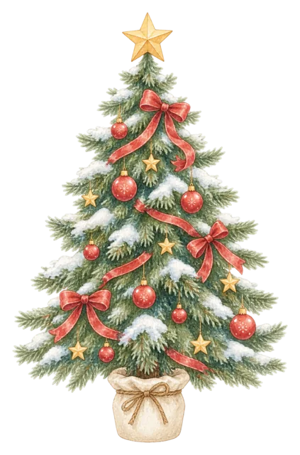 飾り付きクリスマスツリーを描いた水彩クリスマス小物イラスト