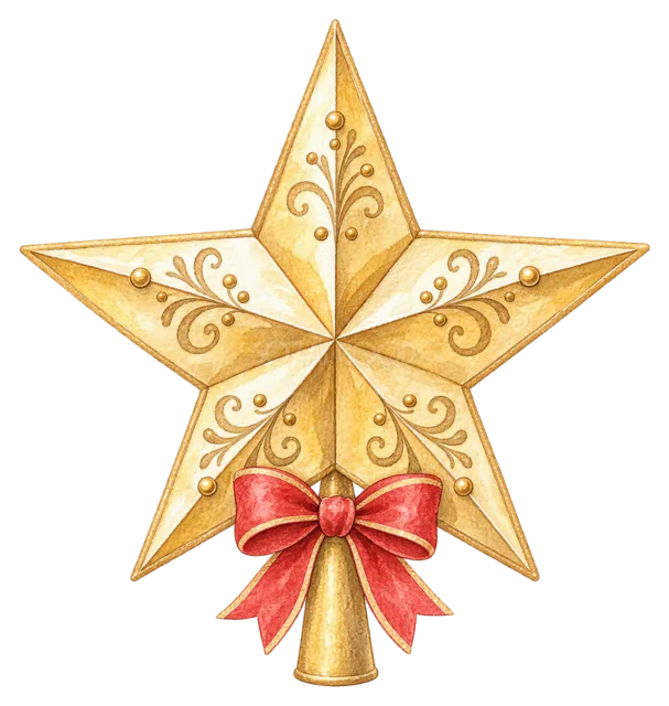 金色の星とベルを描いた水彩クリスマス小物イラスト