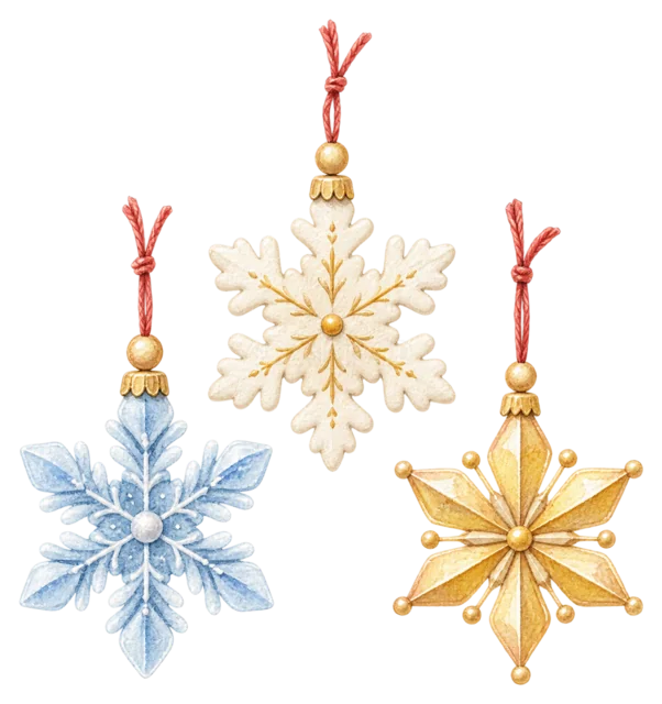 雪の結晶オーナメントを描いた水彩クリスマス小物イラスト