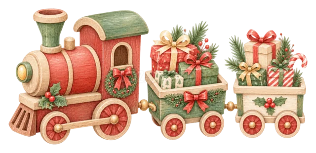 プレゼントを運ぶ赤いおもちゃの汽車を描いた水彩クリスマス小物イラスト