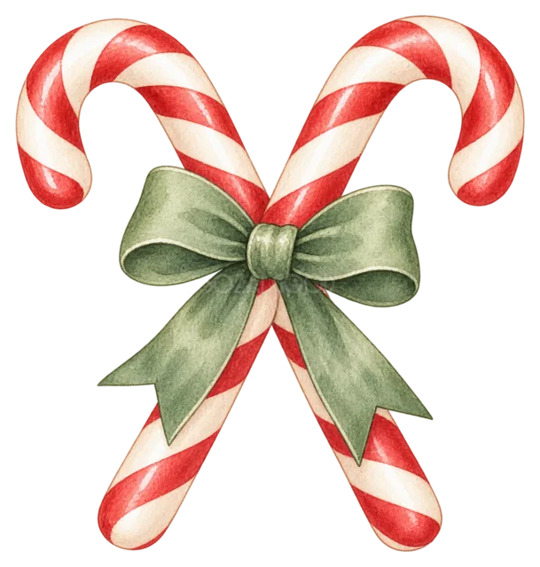 リボン付きキャンディケインを描いた水彩クリスマス小物イラスト