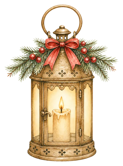 キャンドル入りランタンを描いた水彩クリスマス小物イラスト