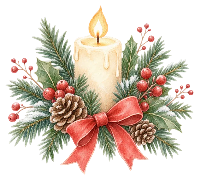 もみの枝を添えたキャンドルを描いた水彩クリスマス小物イラスト