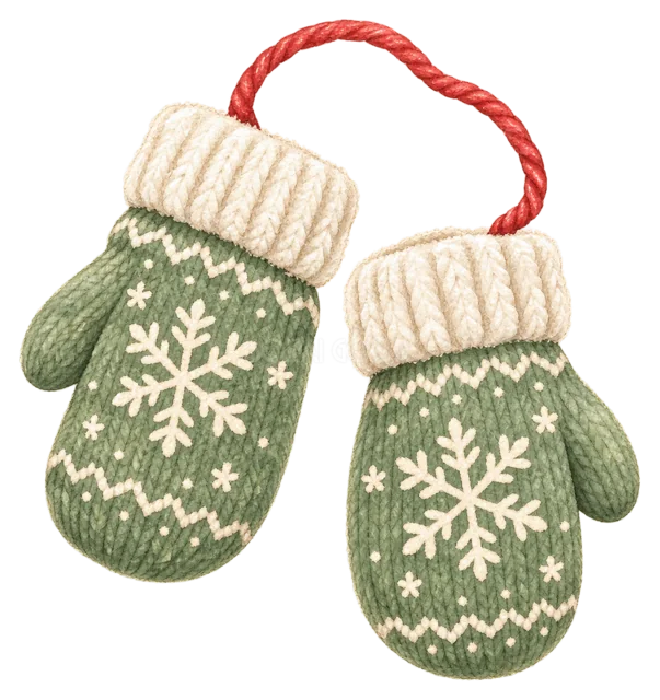 緑色のミトンを描いた水彩クリスマス小物イラスト