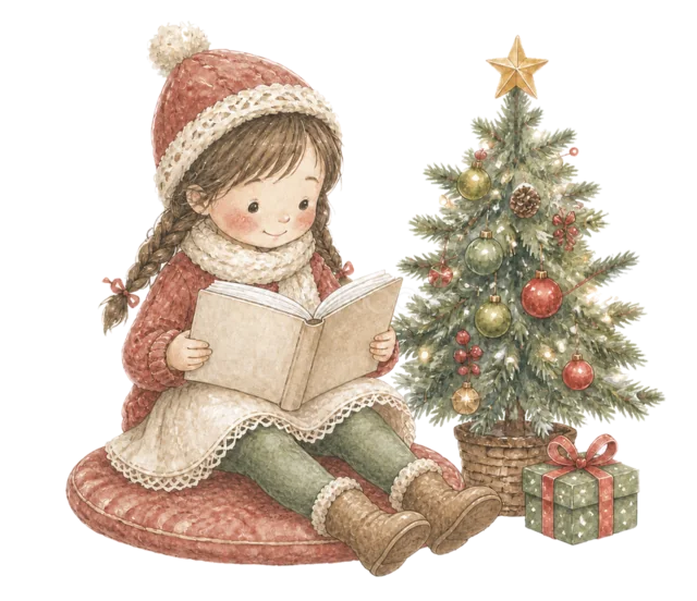 ツリーのそばで本を読む女の子を描いた水彩絵本タッチの子どものクリスマスイラスト