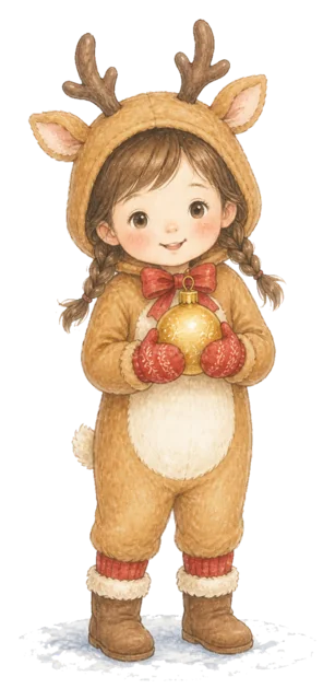 トナカイ衣装の子どもを描いた水彩絵本タッチの子どものクリスマスイラスト