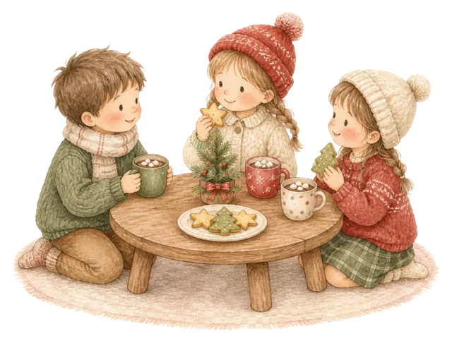 お茶とクッキーを囲む子どもたちを描いた水彩絵本タッチの子どものクリスマスイラスト