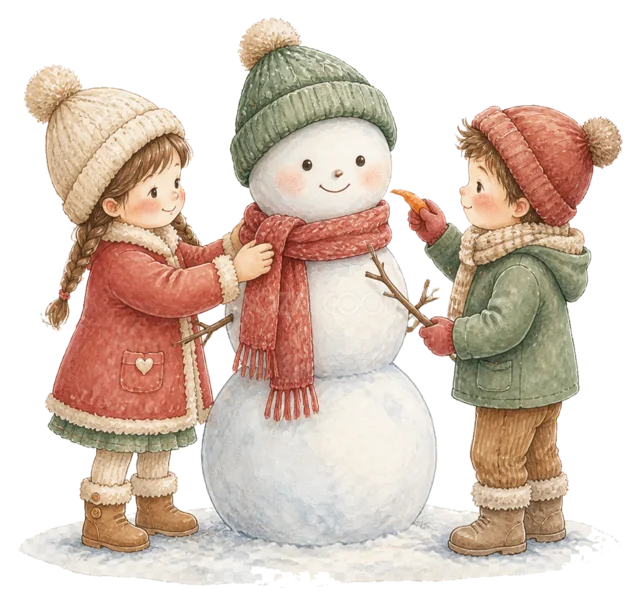 雪だるまを作る子どもたちを描いた水彩絵本タッチの子どものクリスマスイラスト