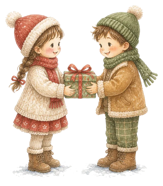 プレゼント交換をする子どもたちを描いた水彩絵本タッチの子どものクリスマスイラスト